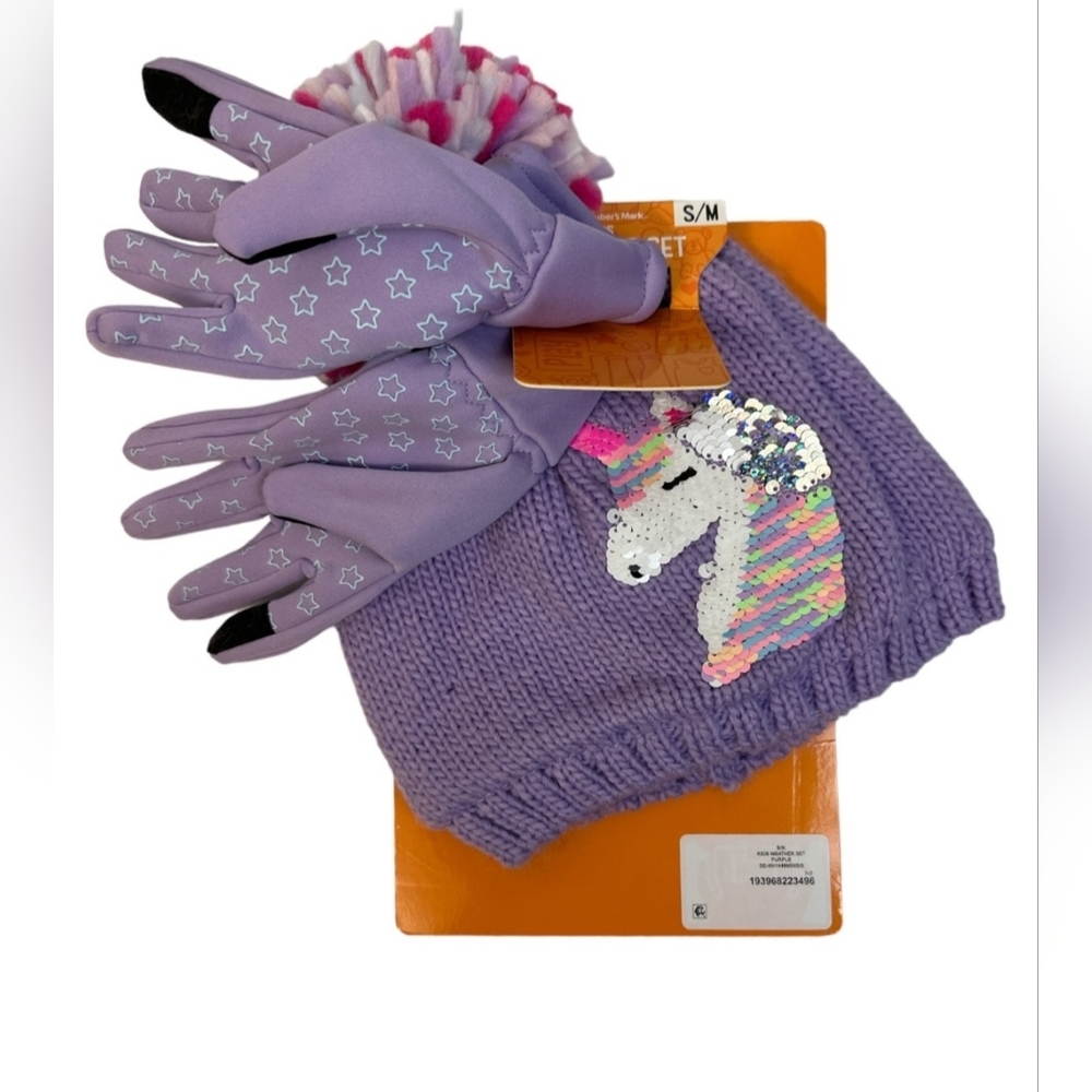 Girls Purple Hat & Gloves Set! Size L/XL Unicorn!